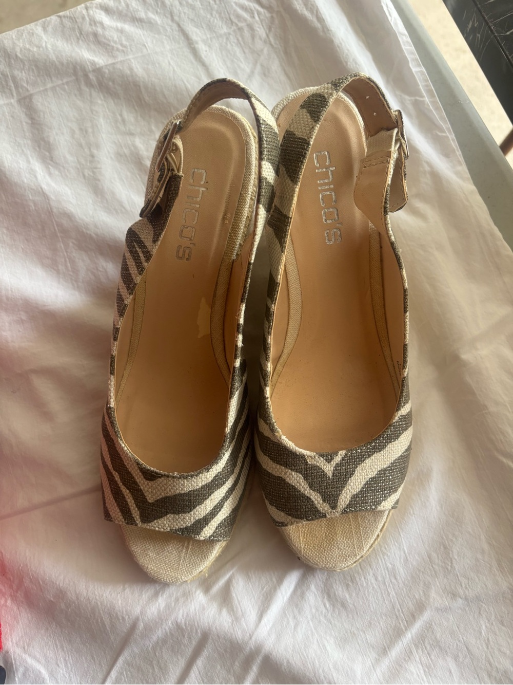 Chico's Beige and Brown Zebra-Print Slingback Wedges